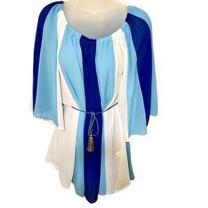 Venus One Size Sheer Tunic Tassel Belt Blue White 3/4 Sleeve